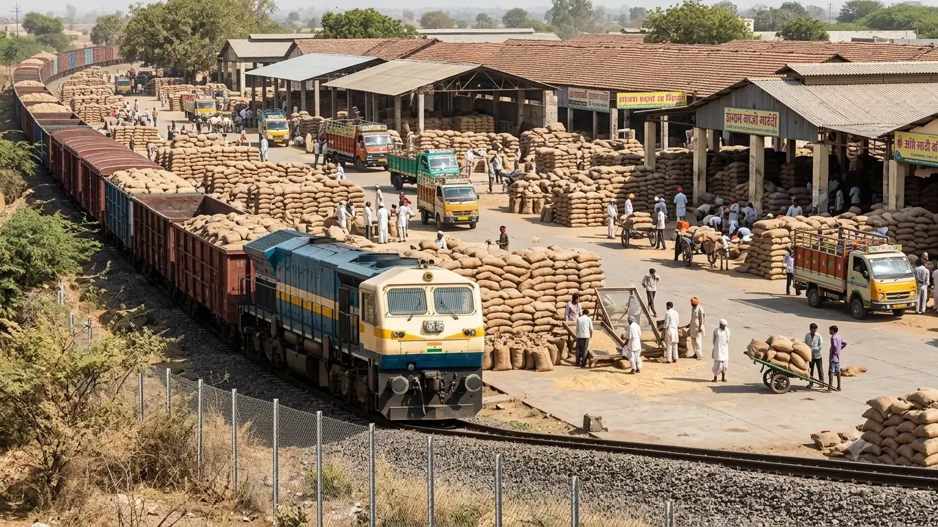 Sacks of grain stacked across a Rajasthan agricultural mandi yard, with goods wagons loading alongside the platform.